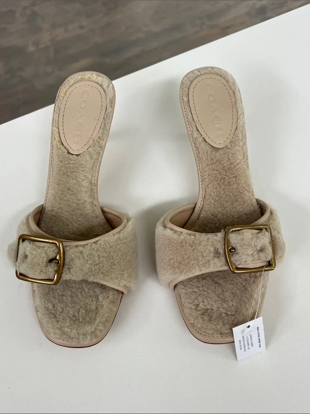 Coach shearling buckle open toe mule sandals natural cream 8.5